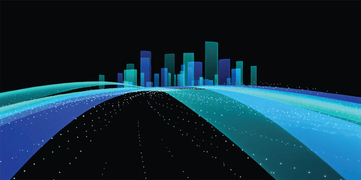 An abstract blue vector illustration of a 3d binary code background overlaying a night city skyline and world map