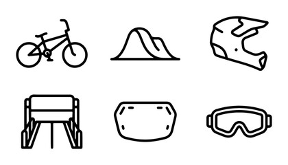 Fototapeta premium BMX Bike, Ramp, Helmet, Goggles, and Protective Gear Icons Set: Extreme Sports Vector Graphics