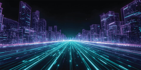 A blurred motion shot of traffic lights and cars speeding down a downtown highway, creating a vibrant night cityscape with illuminated skyscrapers © JAHURA