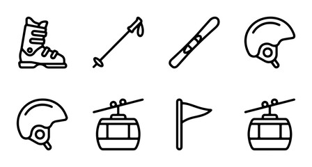 Skiing and Winter Sports Icons Set: Boot, Pole, Ski, Helmet, Gondola, Flag Vector Graphics © Farid