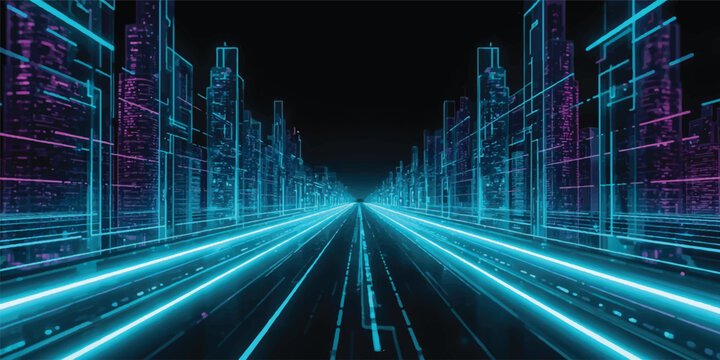Abstract blue binary code tunnel background with a digital technology data chart and a medical ekg pulse wave line