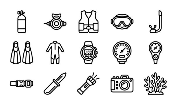 Scuba Diving Gear Icons Set, Underwater Equipment Vector Graphics, Ocean Adventure Symbols