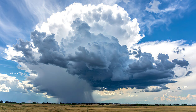 A massive cumulonimbus storm cloud with a rain shaft, seen over a dry grassy plain under a blue sky with white clouds