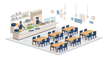 Fototapeta premium Modern cafeteria serving line with diverse food options and seating area Vector