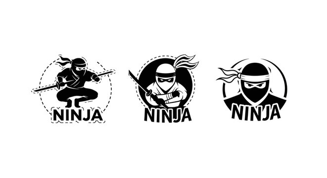 Three Stylized Ninja Icons in Black Silhouette.