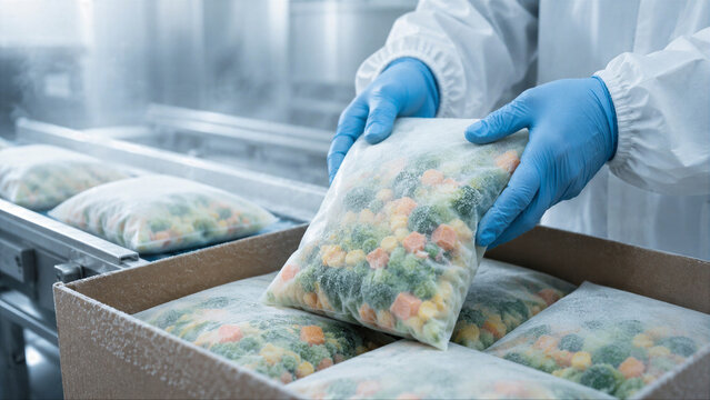 Worker packing a frozen vegetable bag into a box at a food manufacturing factory. Industrial process of vegetable freezing and automated production line in a commercial facility.