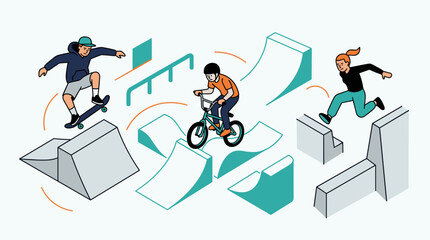 Obraz premium Diverse group of people enjoying extreme sports in a skatepark with ramps and obstacles Vector