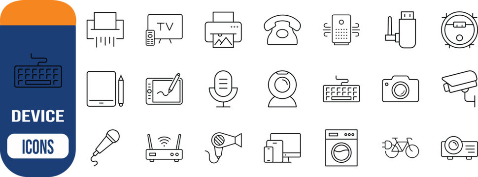 Electronic devices and home appliances. tv icon set, printer icon set, camera icon set