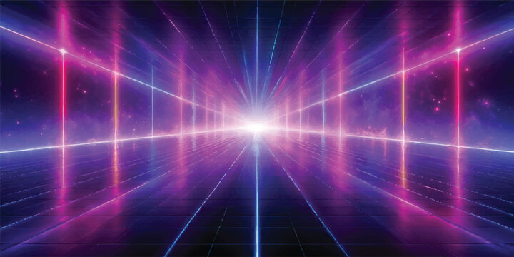 An abstract blue background features glowing light and dynamic lines that create a futuristic technology pattern with a bright energy wave motion over a dark backdrop