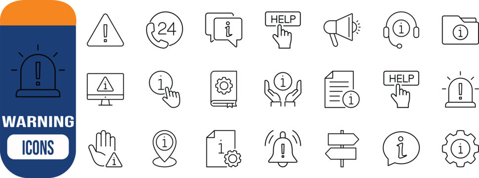 Information help and warning icons. information icon set, warning icon set, headset icon set