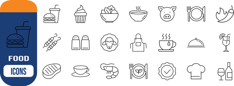 Restaurant food and drink outline icons. burger icon set, steak icon set, chef hat icon set