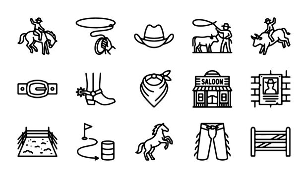 Western Cowboy Icons, Rodeo Elements, Wild West Vector Graphics, Country Lifestyle Symbols