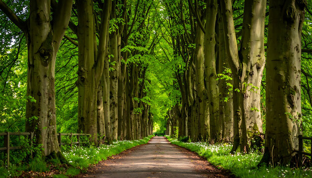 A peaceful tree lined path through a sun-dappled forest in spring, natural light filtering through green leaves, perfect for tranquil or journey themes