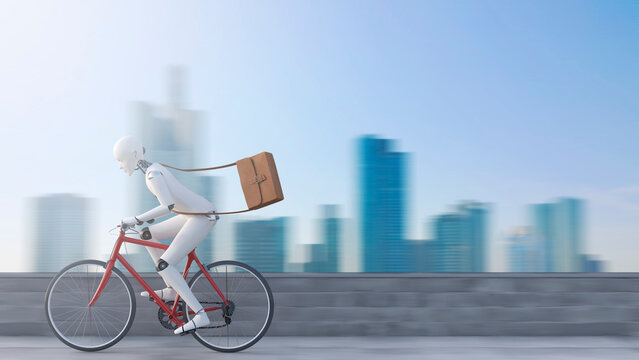 Robot riding bicycle in front of skyline