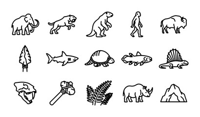 Ancient Life Icons Set: Prehistoric Animals, Fossils, and Early Humans Vector Graphics © Sabrina