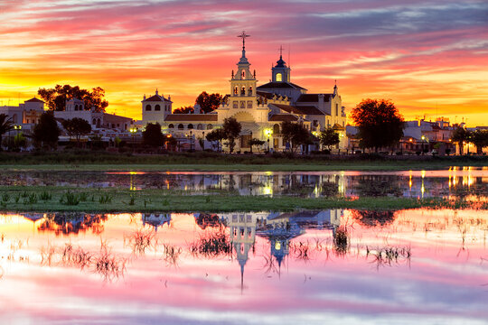 Spain, Andalusia, Huelva province, Donana National Park, El Rocio village and church at dusk