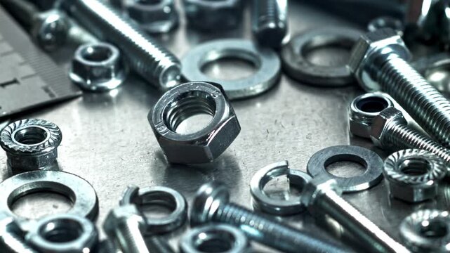 Closeup single nut among washers, reflective chrome surfaces, static Filmed on a high-speed camera at 1000 fps.