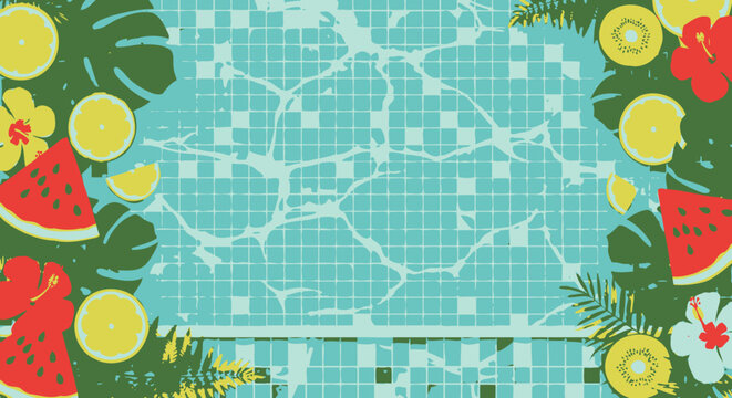 Tropical summer pool background with fruit and floral frame