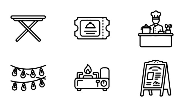 Restaurant Icons Set: Chef, Table, Ticket, Lights, Stove, Menu Board Vector Graphics