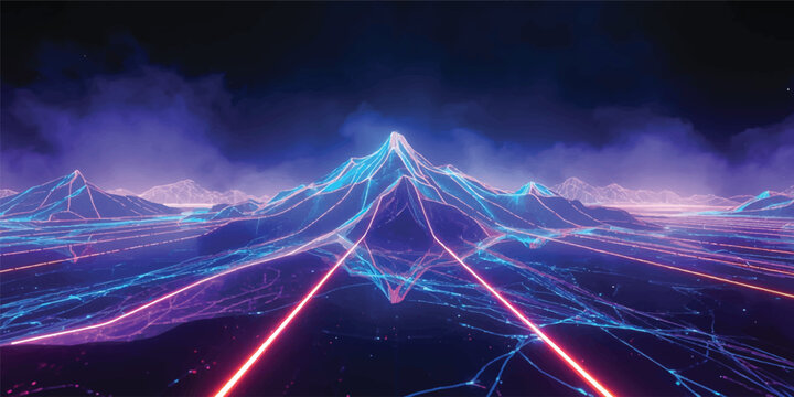 Abstract light trails in the night city create a futuristic digital wallpaper pattern featuring blue waves, laser lines, and a motion effect that represents a virtual reality technology concept