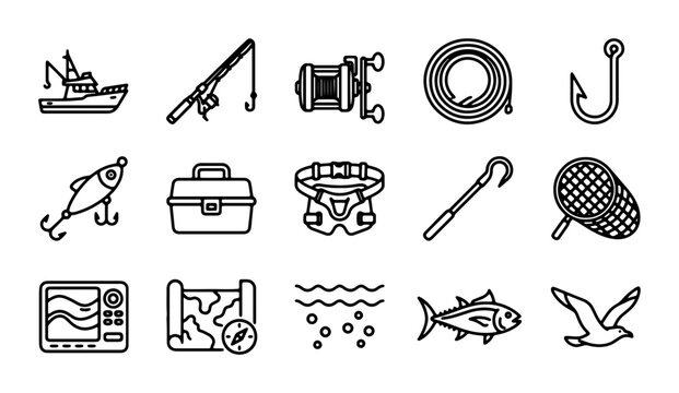 Fishing Icons Set: Nautical Boat, Rod Reel, Tackle Box, Fish Hook, Net, Sonar, Map, Seagull, Vector Graphics for Angling and Outdoor Recreation