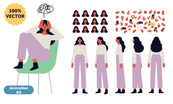 Female burnout character set with emotional expressions, turnaround sheet and hand gestures. Mental health vector collection with stress and anxiety poses.