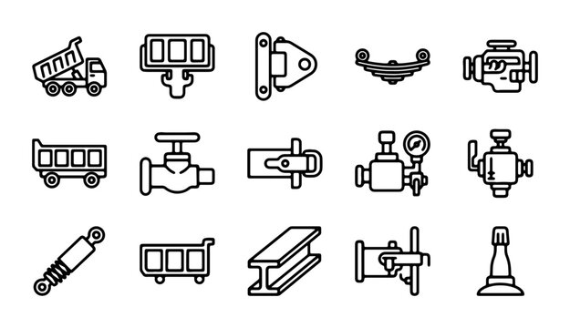 Automotive Parts Icons, Truck Components, Engine Elements, Industrial Hardware Vector Set