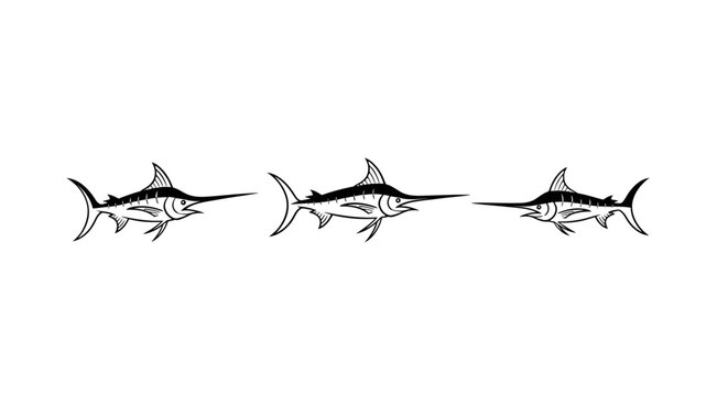 Black and white stylized jumping dolphin illustrations.