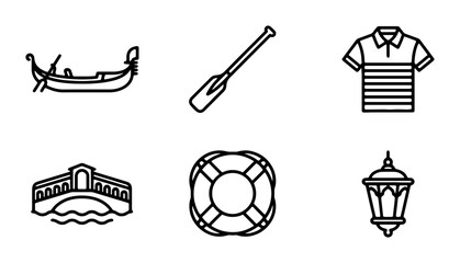 Venice Icons: Gondola, Bridge, Polo Shirt, Oar, Lifebuoy, Lantern Vector Set © Rabiul