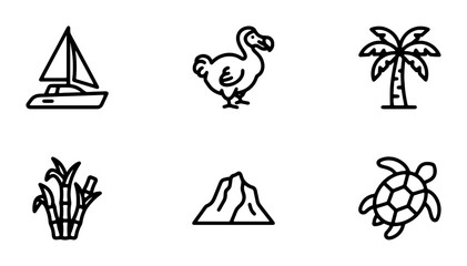 Tropical Island Icons: Sailboat, Dodo Bird, Palm Tree, Sugarcane, Mountain, Turtle © Rabiul