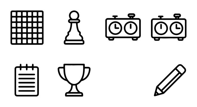 Chess Game Icons: Board, Pawn, Timer, Trophy, Notebook, Pencil, Vector Set