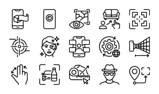 Augmented Reality Icons Set, AR Technology, Digital Overlay, Virtual World, 3D Scanning