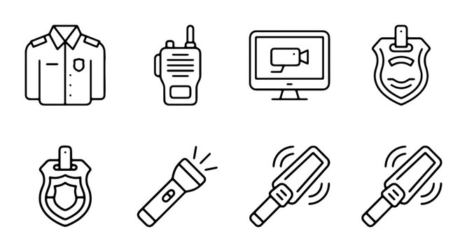 Security Icons Set: Uniform, Radio, Monitor, Badges, Flashlight, Metal Detector