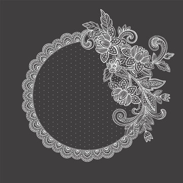 Vector Vintage lace round frame with ornate floral details. Decorative hand-drawn romantic composition. Design for wedding invitations, valentine cards, love branding