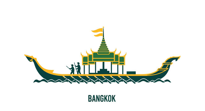 Traditional Thai Royal Barge Illustration with Green Temple.