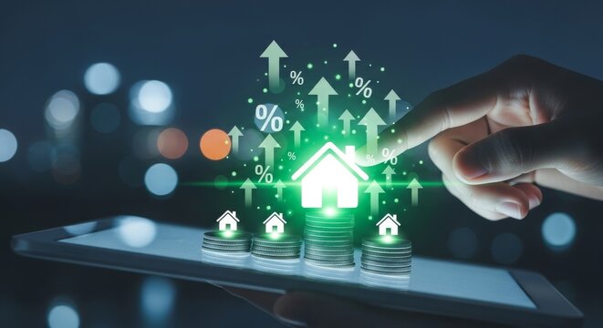 Hand adjusting digital growth chart with glowing financial icons on tablet