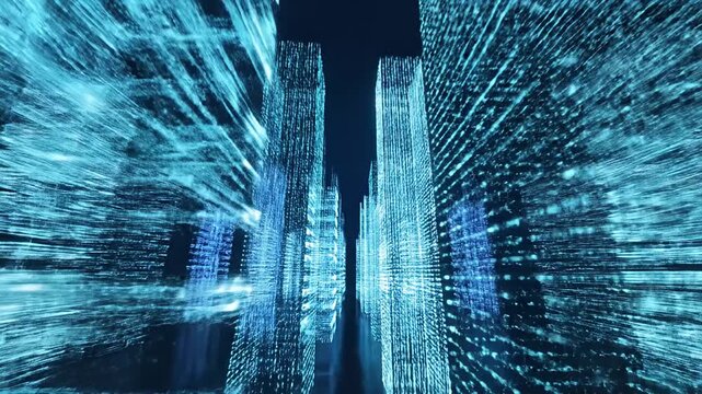 Futuristic digital city skyline with glowing blue data particles