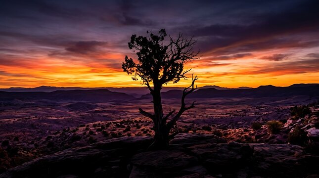 Silhouette of a lone tree against a vibrant desert sunset