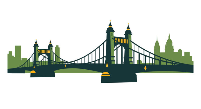 Illustrated suspension bridge with urban skyline backdrop.