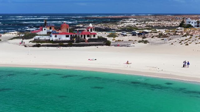 La Concha Beach El Cotillo Fuerteventura Aerial View of Turquoise Lagoon and People Swimming in Desert Paradise