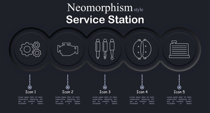 Service station set icon. Neomorphic dark interface circles with line symbols of mechanical gears system, engine block motor, shock absorber suspension, brake pads set, car battery unit