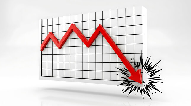 Red arrow graph showing sharp downward trend with explosion effect chart