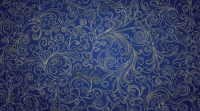 Luxury seamless background with golden floral filigree and swirls on a gradient blue surface