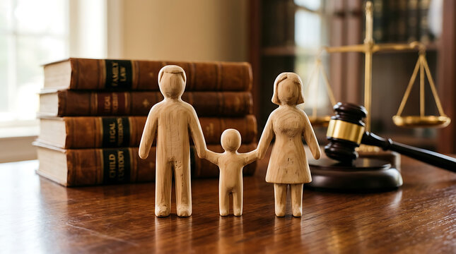 
Wooden family figurines stand on a legal professional's desk next to a gavel, law books, and a scale of justice, symbolizing family law, rights, and courtroom proceedings
