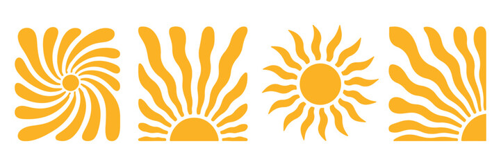 Groovy retro abstract sun backgrounds. Sun groovy design elements set. Various yellow floral hippie 60s 70s style. © Silhouette Zone