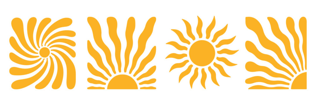 Groovy retro abstract sun backgrounds. Sun groovy design elements set. Various yellow floral hippie 60s 70s style.