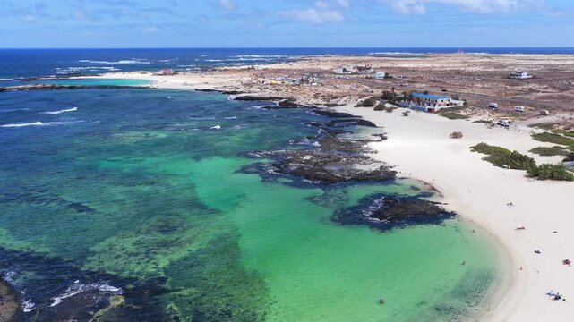 La Concha Beach El Cotillo Fuerteventura Aerial View of Turquoise Lagoon and People Swimming in Desert Paradise