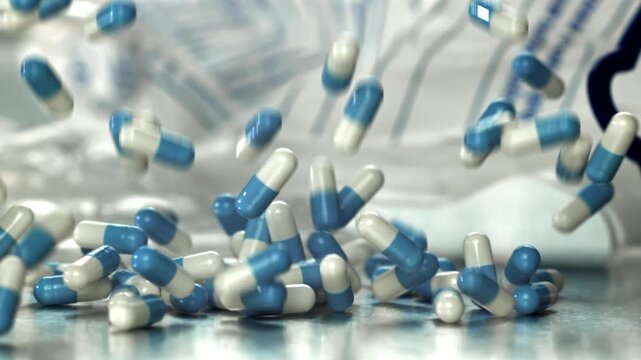 Blue and white capsules pour from soft pouch onto reflective surface, Filmed on a high-speed camera at 1000 fps.