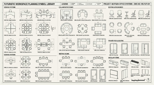 Futuristic workspace planning symbol library and furniture layout guide