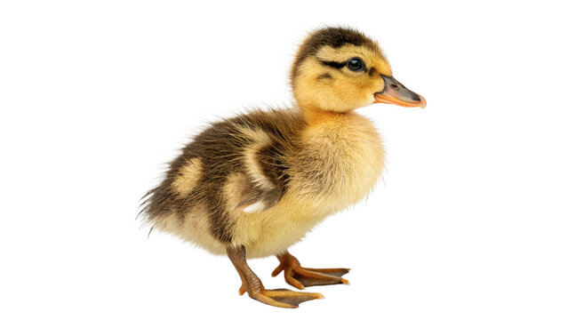 Cute small fluffy yellow duckling baby bird standing profile isolated on transparent background cut out